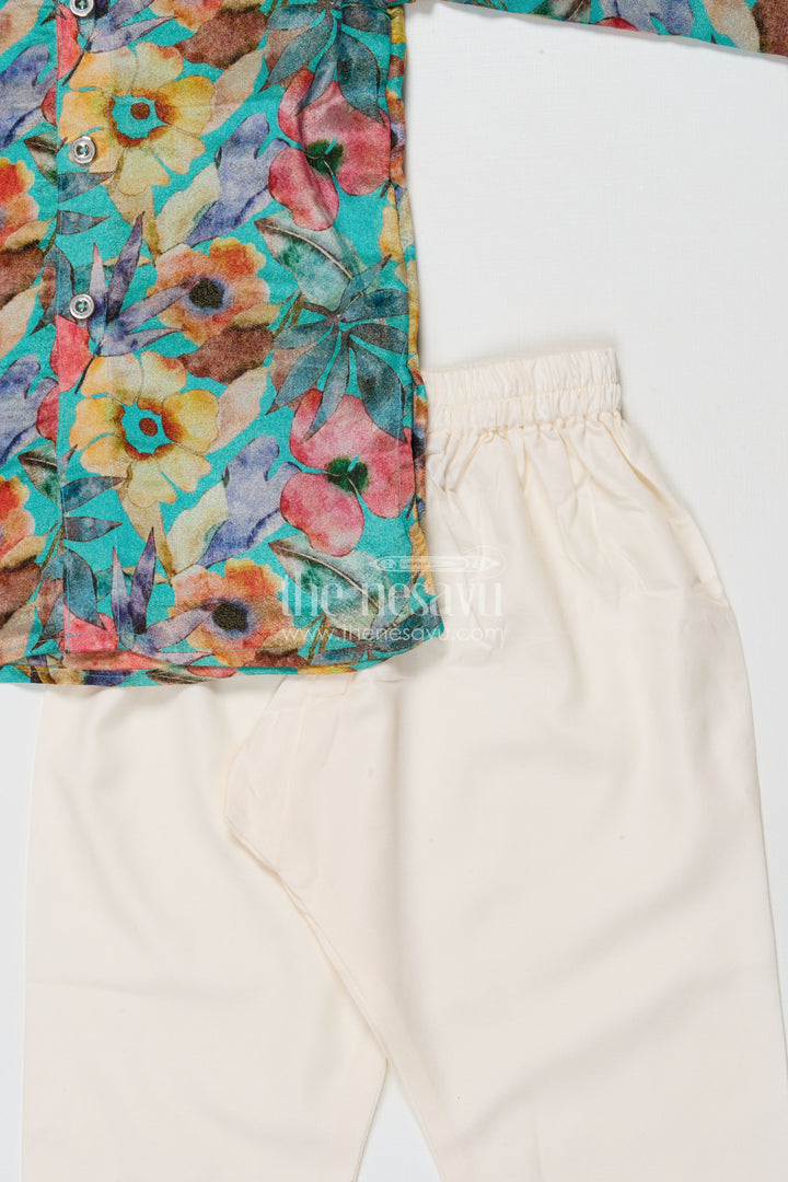 The Nesavu Boys Jacket Sets Boys Kurta Pant Set with Printed Jacket for Birthdays and Ethnic School Days Nesavu Nesavu boys kurta pant set with printed Nehru jacket for birthdays and ethnic day at school