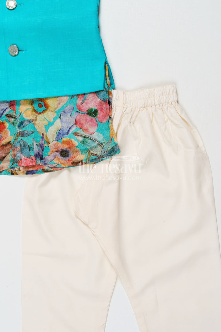 The Nesavu Boys Jacket Sets Boys Kurta Pant Set with Printed Jacket for Birthdays and Ethnic School Days Nesavu Nesavu boys kurta pant set with printed Nehru jacket for birthdays and ethnic day at school