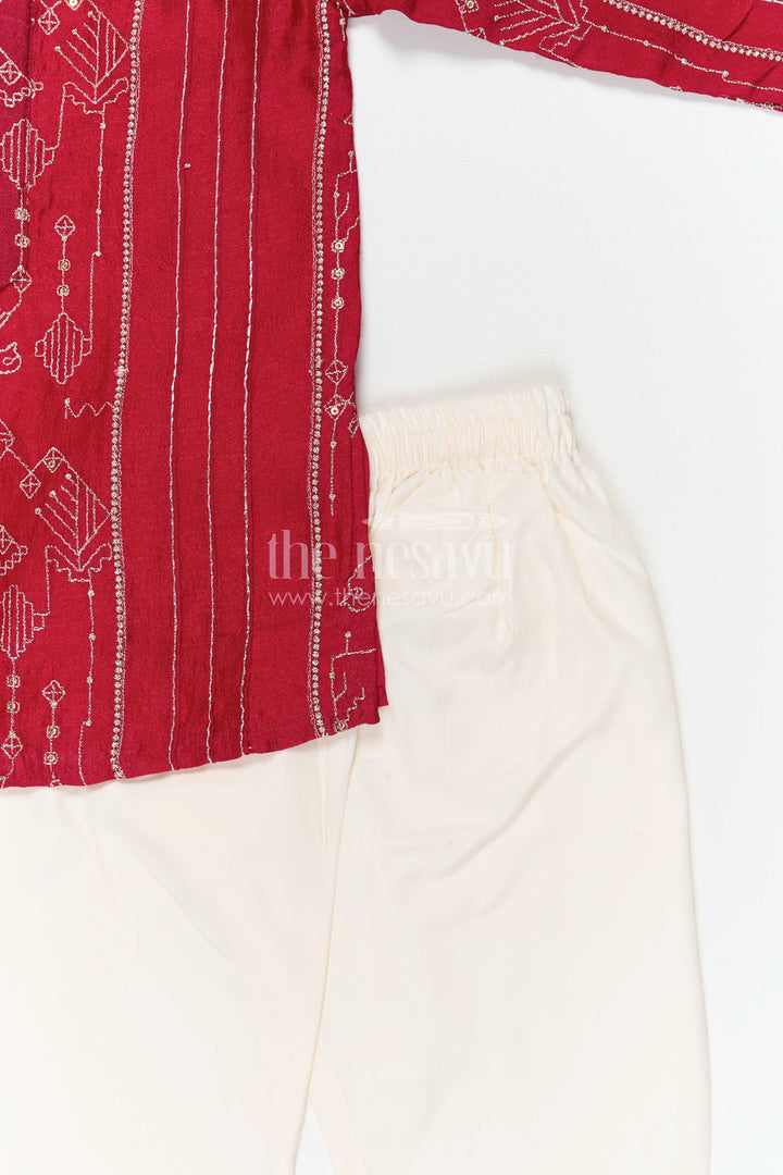 The Nesavu Boys Kurtha Set Boys Kurta Set for Festive Celebrations and Traditional Occasions Nesavu Nesavu boys viscose silk blend kurta set with embroidery design for festive celebrations and traditional wear