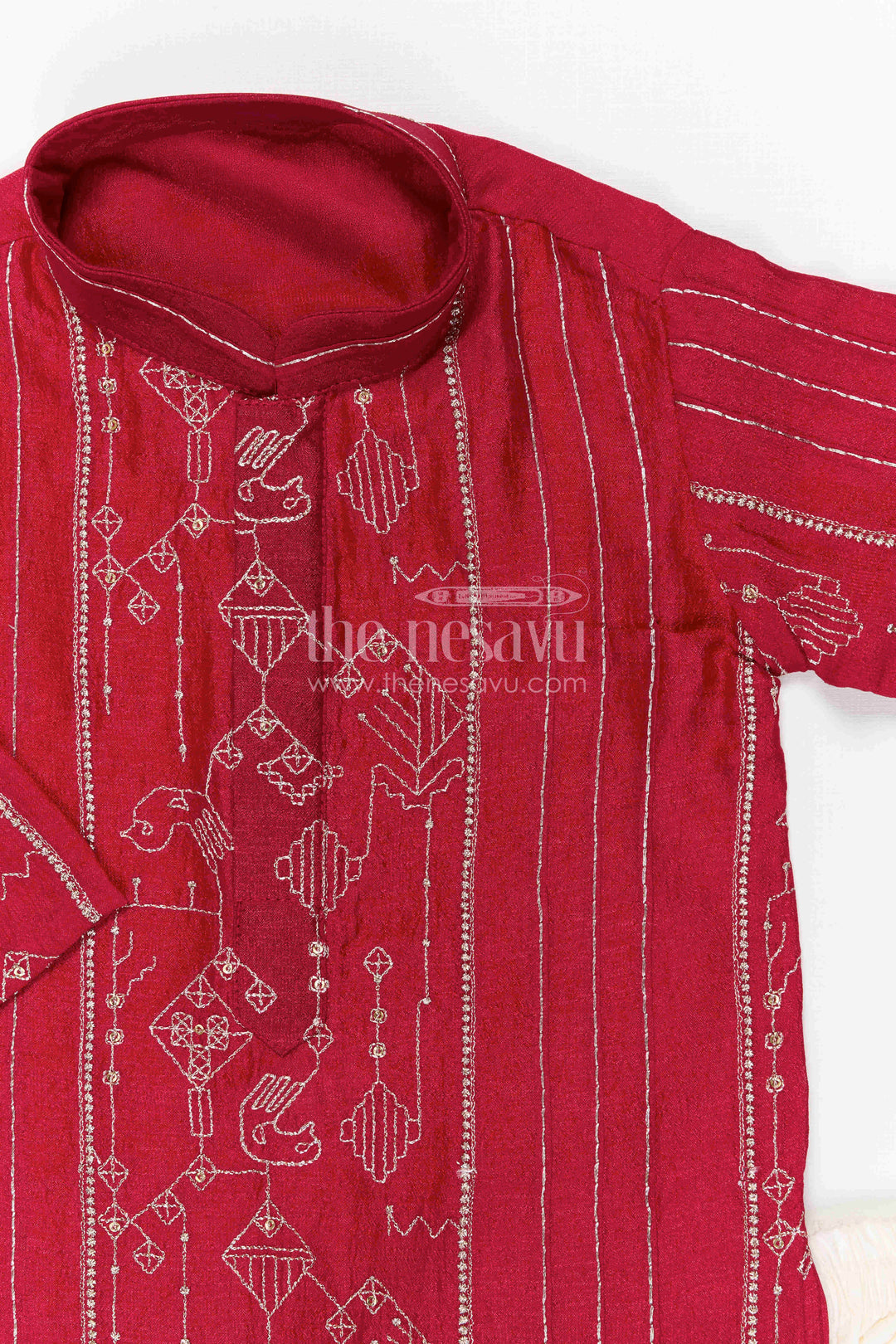 The Nesavu Boys Kurtha Set Boys Kurta Set for Festive Celebrations and Traditional Occasions Nesavu Nesavu boys viscose silk blend kurta set with embroidery design for festive celebrations and traditional wear