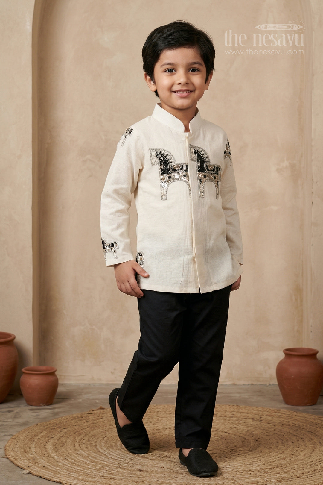 The Nesavu Boys Kurtha Set Boys Kurta Set for Festive Celebrations and Traditional Wear Nesavu 16 (1Y) / Half white / Cotton BES971A-16 Nesavu boys cotton kurta set with thread embroidery for festive celebrations and traditional wear