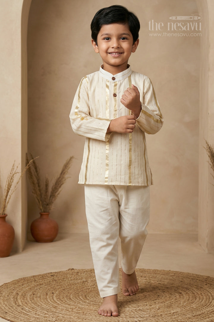 The Nesavu Boys Kurtha Set Boys Kurta Set for Festive Ceremonies and Traditional Celebrations Nesavu 12 (3M) / Half white / Cotton BES964A-12 Nesavu boys cotton kurta set with lurax zari for festivals temple visits and traditional celebrations