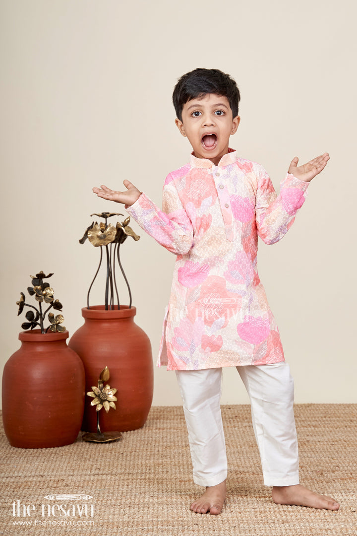 The Nesavu Boys Kurtha Set Boys kurta set for festive occasions and ethnic school events Nesavu 16 (1Y) / Pink BES888A-16 Nesavu boys festive kurta set sequin embroidery  ethnic silk outfit weddings school events