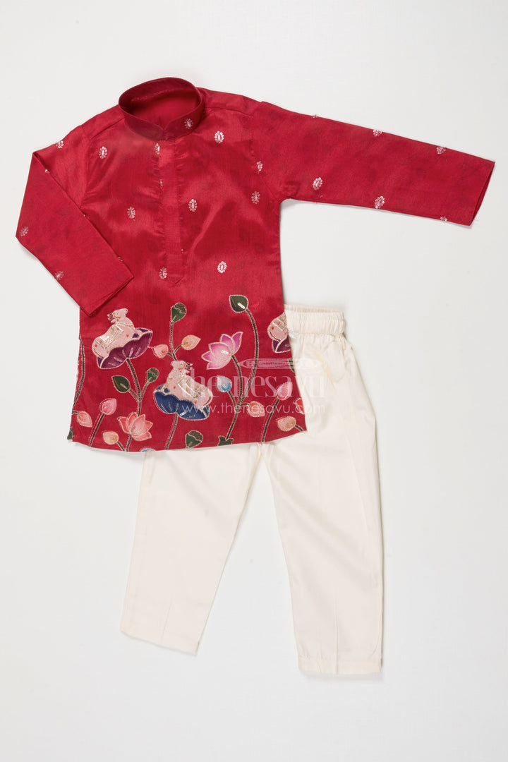 The Nesavu Boys Kurtha Set Boys Kurta Set for Temple Visits and Traditional Family Events Nesavu 16 (1Y) / Red BES821A-16 Nesavu boys kurta set embroidered festive motifs traditional family occasions