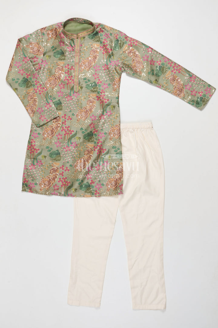 The Nesavu Boys Kurtha Set Boys Kurta Set for Traditional School Day and Festive Gatherings Nesavu 16 (1Y) / Green BES819C-16 Nesavu boys kurta set with silk blend digital print and sequence embroidery for festive school events