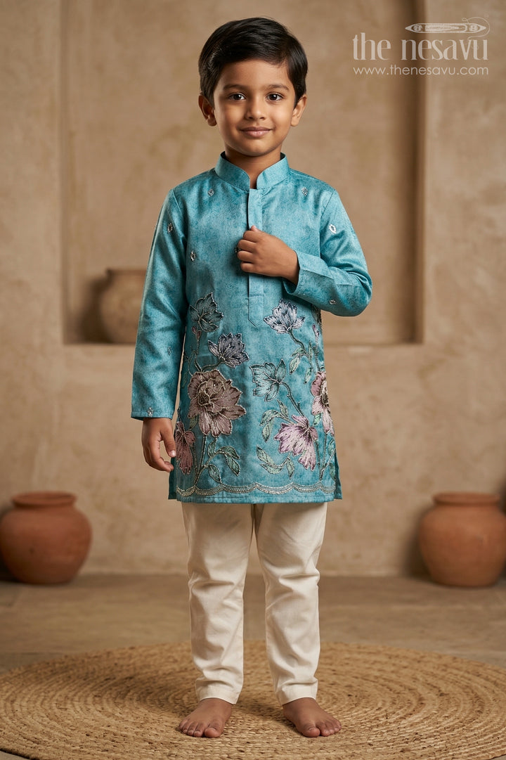 The Nesavu Boys Kurtha Set Boys Kurta Set for Weddings and Festive Celebrations Nesavu 16 (1Y) / Green / Viscose BES980A-16 Nesavu Boys Green Kurta Set In Viscose Silk With Embroidery For Weddings And Festive Celebrations