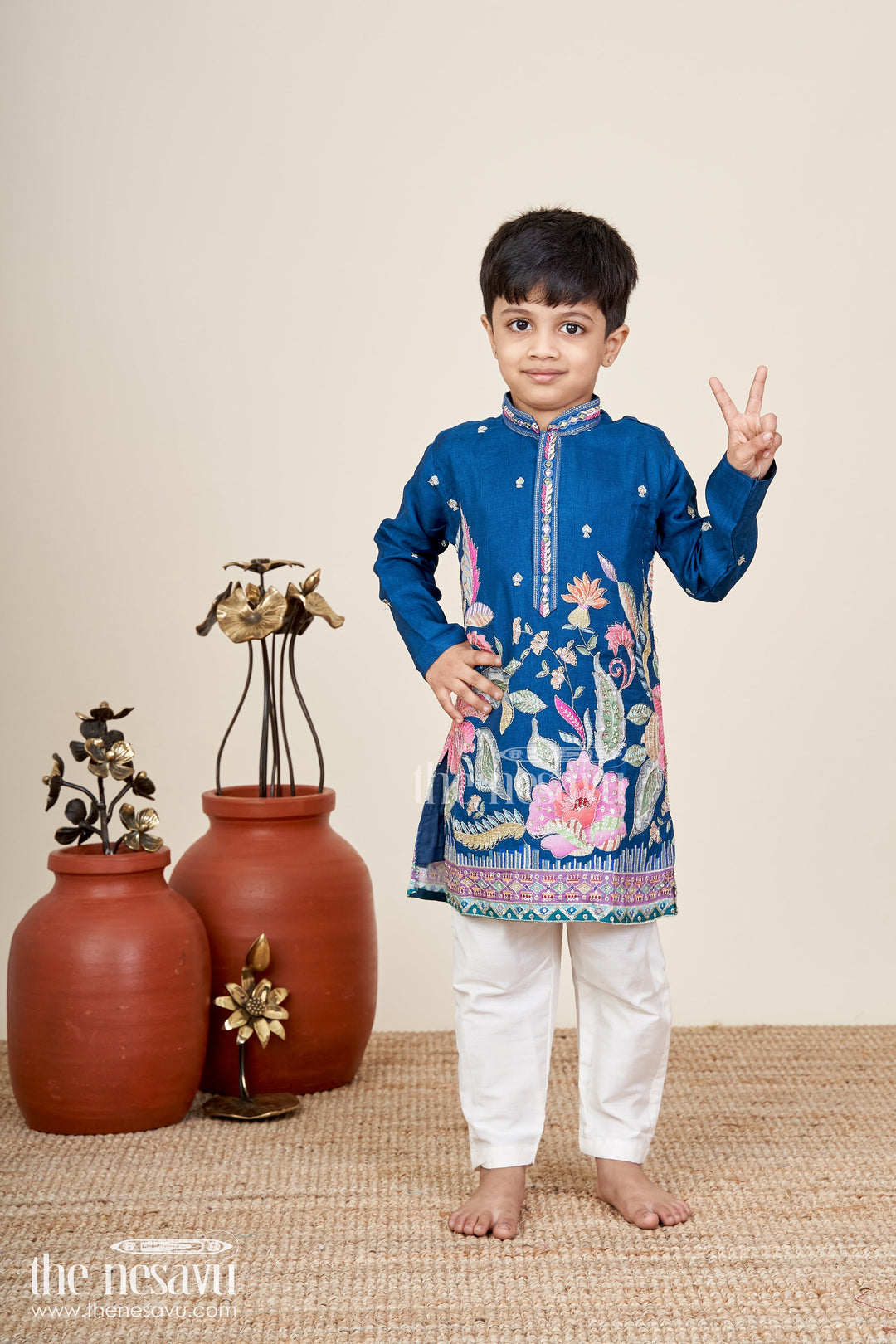The Nesavu Boys Kurtha Set Boys kurta set for weddings and festive functions Nesavu 16 (1Y) / Blue BES892A-16 Nesavu boys silk kurta set floral embroidery  traditional outfit weddings functions