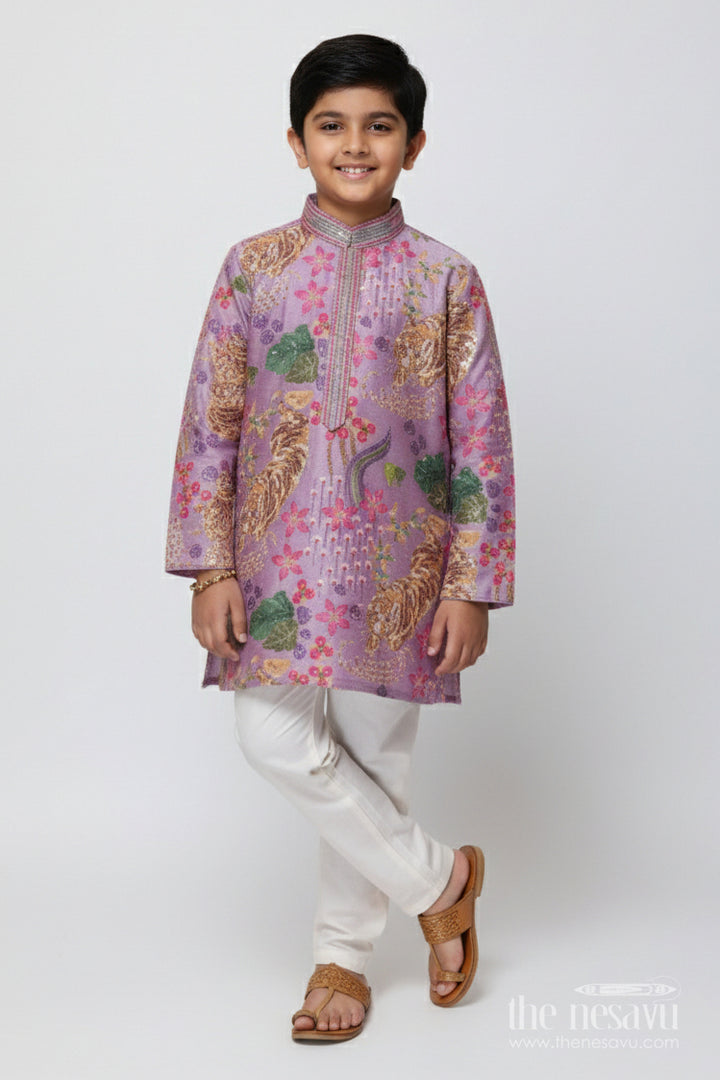 The Nesavu Boys Kurtha Set Boys Kurta Set with Bold Tiger Embroidery for Wedding and Ethnic Day Nesavu 16 (1Y) / Purple BES819B-16 Nesavu boys kurta set tiger print sequin embroidery festive events school functions