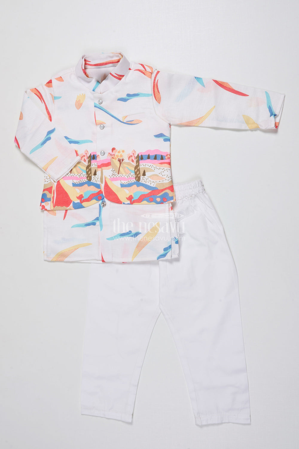 The Nesavu Boys Kurtha Set Boys Kurta Set with Digital Print Jacket for Festive Occasions Nesavu 16 (1Y) / Half white BES841A-16 Nesavu boys cotton kurta set colorful digital print jacket school festive wear