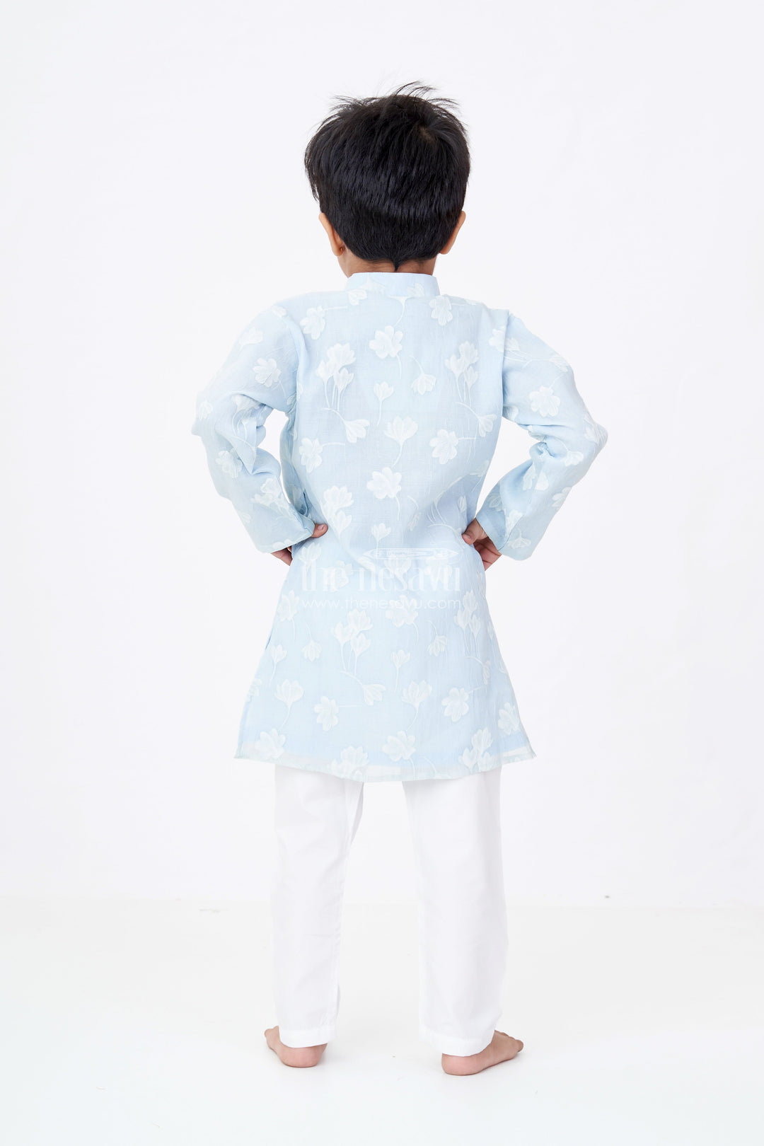 The Nesavu Boys Kurtha Set Boys Kurta with Floral Embroidery and White Pajama for Ethnic Wear Nesavu Nesavu Boys Kurta Floral Embroidery White Pajama Traditional Wear