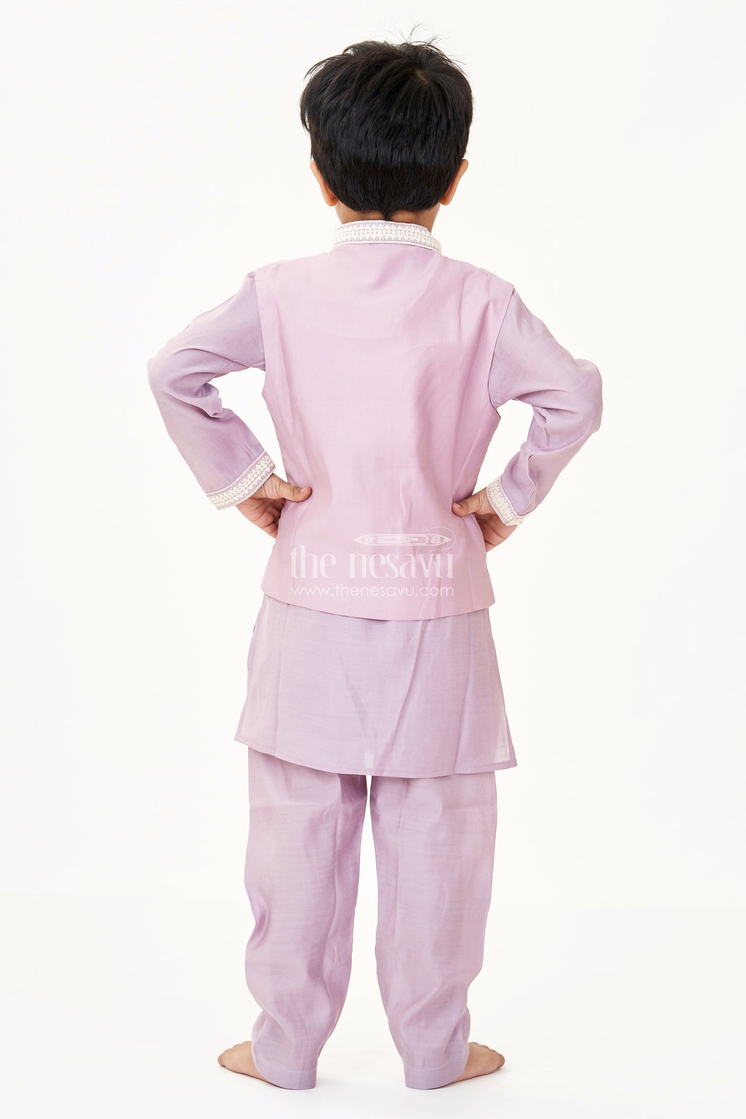 The Nesavu Boys Kurtha Set Boys Kurta with Pocket in Mauve Cotton Blend and Embroidered Thread Work Jacket Nesavu Boys Kurta Pocket Mauve Cotton Blend Thread Embroidered Jacket | The Nesavu