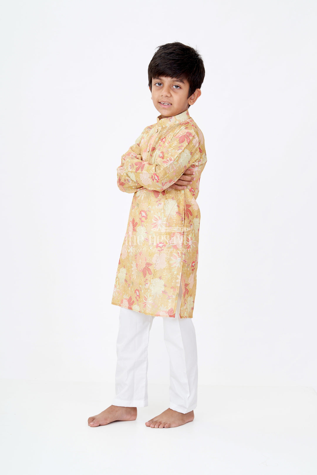 The Nesavu Boys Kurtha Set Boys Kurta Yellow Mustard Set with White Churidar in Silk Cotton and Digital Floral Embroidery Nesavu 18 (2Y) / Green BES675A-18 Nesavu Boys Yellow Mustard Kurta Set Silk Cotton Floral Digital Embroidery White Churidar