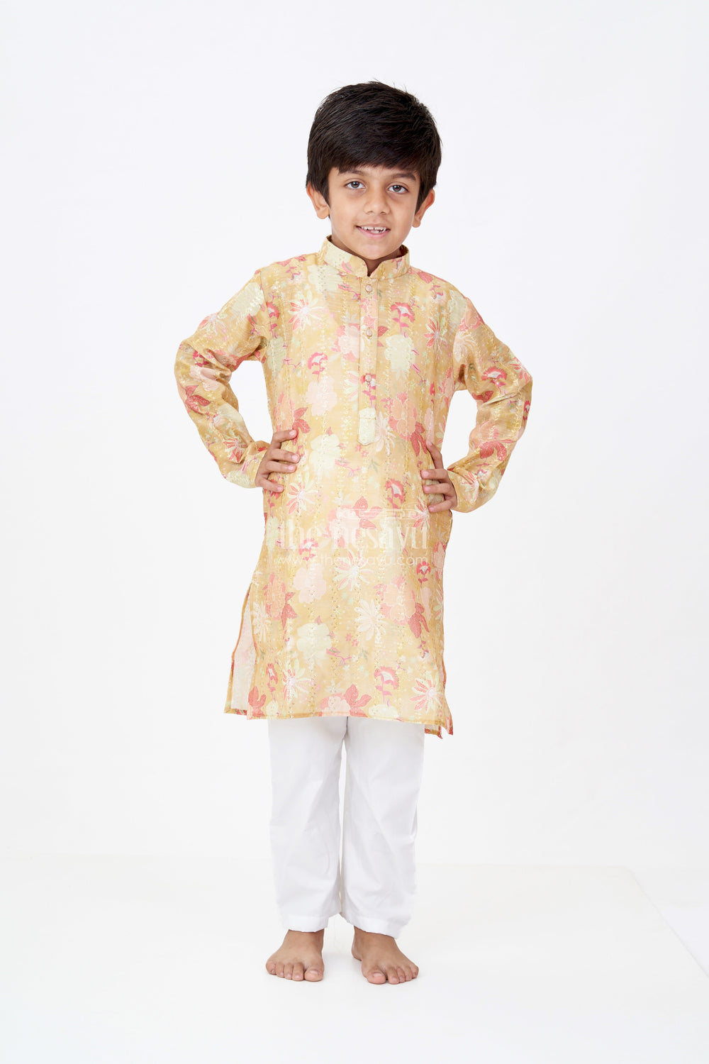 The Nesavu Boys Kurtha Set Boys Kurta Yellow Mustard Set with White Churidar in Silk Cotton and Digital Floral Embroidery Nesavu Nesavu Boys Yellow Mustard Kurta Set Silk Cotton Floral Digital Embroidery White Churidar