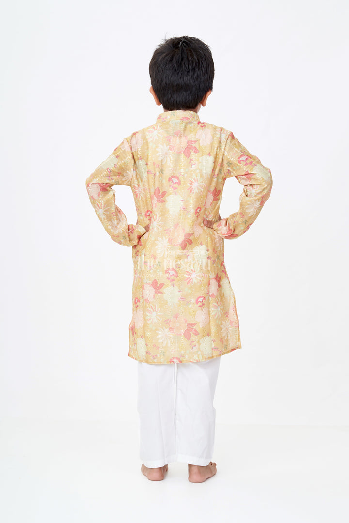 The Nesavu Boys Kurtha Set Boys Kurta Yellow Mustard Set with White Churidar in Silk Cotton and Digital Floral Embroidery Nesavu Nesavu Boys Yellow Mustard Kurta Set Silk Cotton Floral Digital Embroidery White Churidar