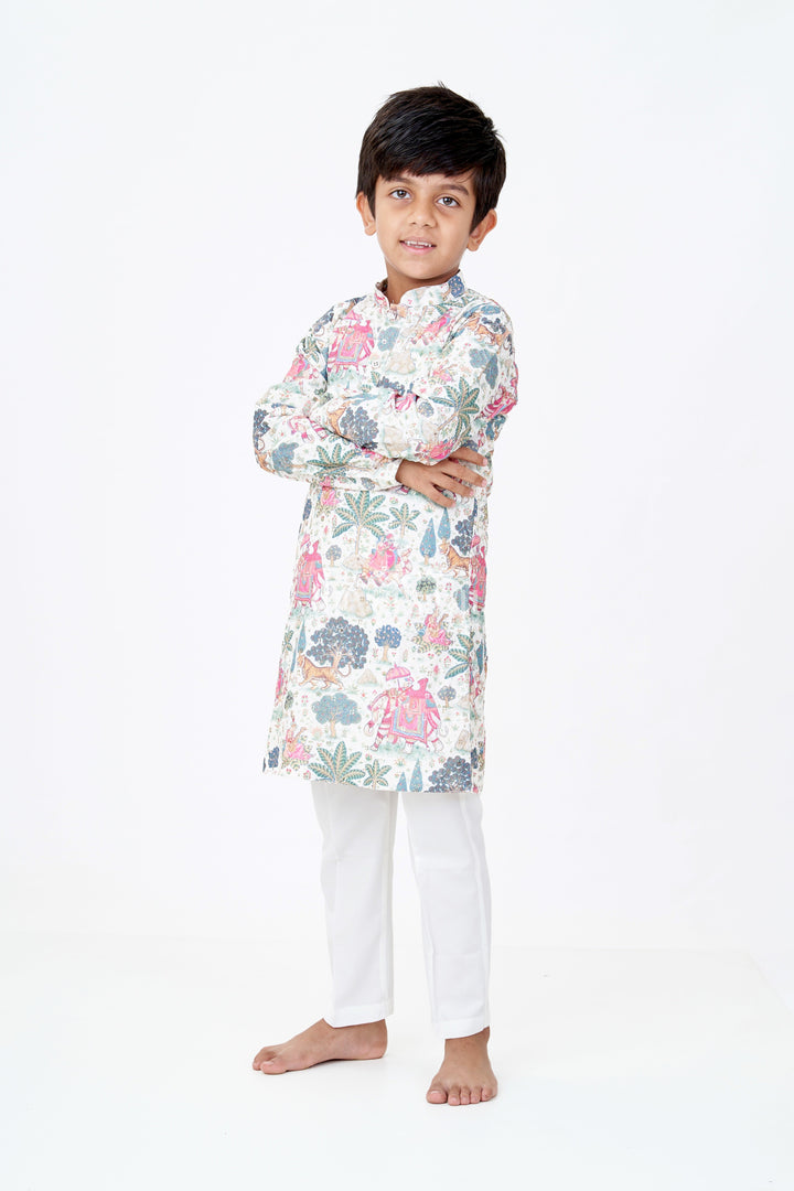 The Nesavu Boys Kurtha Set Boys Kurtha with Story Digital Print and Embroidery for Traditional Festive Wear Nesavu 16 (1Y) / Multicolor BES654A-16 Nesavu Boys Kurtha Story Digital Print Embroidery Festive Cultural Events