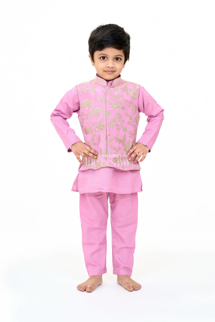 The Nesavu Boys Kurtha Set Boys Lavender Cotton Kurta with Embroidered Jacket and Matching Pants for Festive Wear Nesavu 14 (6M) / Blue BES624C-14 Nesavu Boys Lavender Cotton Kurta Embroidered Jacket Matching Pants Festive Wear