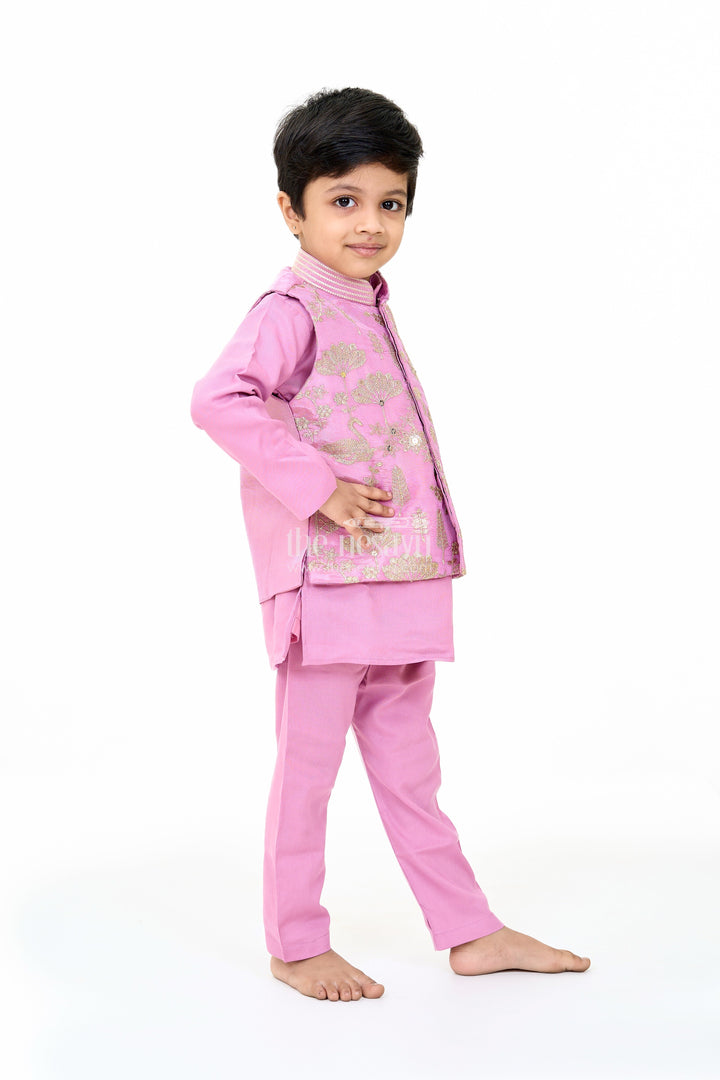 The Nesavu Boys Kurtha Set Boys Lavender Cotton Kurta with Embroidered Jacket and Matching Pants for Festive Wear Nesavu Nesavu Boys Lavender Cotton Kurta Embroidered Jacket Matching Pants Festive Wear