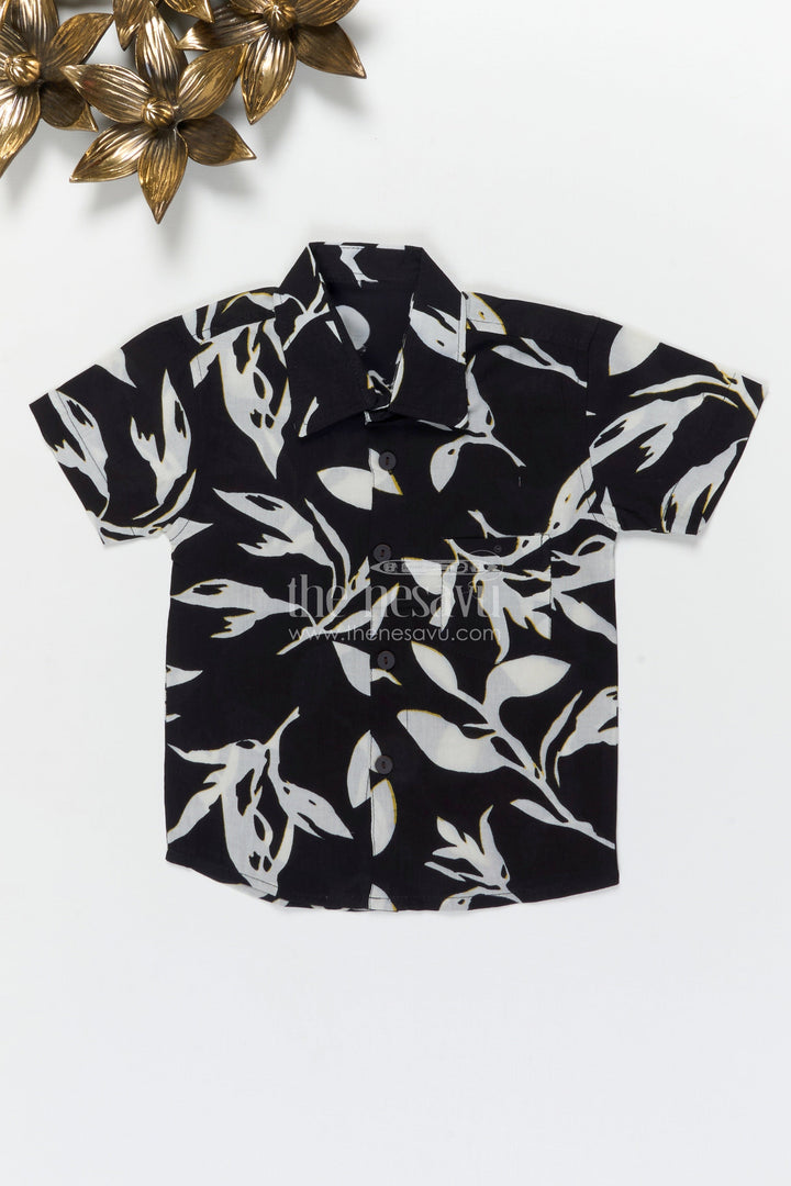 The Nesavu Boys Cotton Shirt Boys Leaf Print Cotton Shirt for Travel and Everyday Casuals Nesavu 20 (3Y) / Black / Cotton BS390A-20 Nesavu boys cotton shirt with bold leaf print for holidays, travel and everyday wear