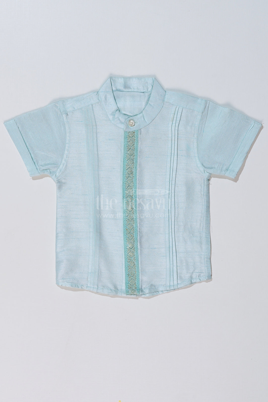 The Nesavu Boys Silk Shirt Boys Light Blue Silk Shirt with Embroidered Borders and Mandarin Collar for Traditional Wear Nesavu 16 (1Y) / Blue BS235A-16 Nesavu Boys Light Blue Silk Shirt Embroidered Details Mandarin Collar Ethnic Wear