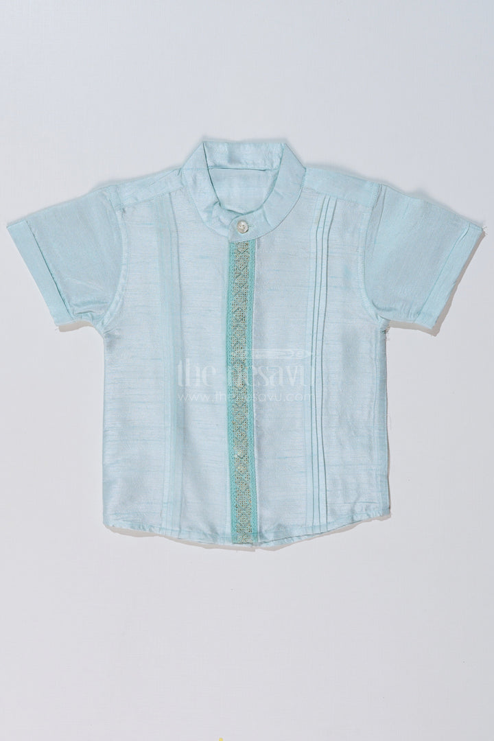The Nesavu Boys Silk Shirt Boys Light Blue Silk Shirt with Embroidered Borders and Mandarin Collar for Traditional Wear Nesavu 16 (1Y) / Blue BS235A-16 Nesavu Boys Light Blue Silk Shirt Embroidered Details Mandarin Collar Ethnic Wear