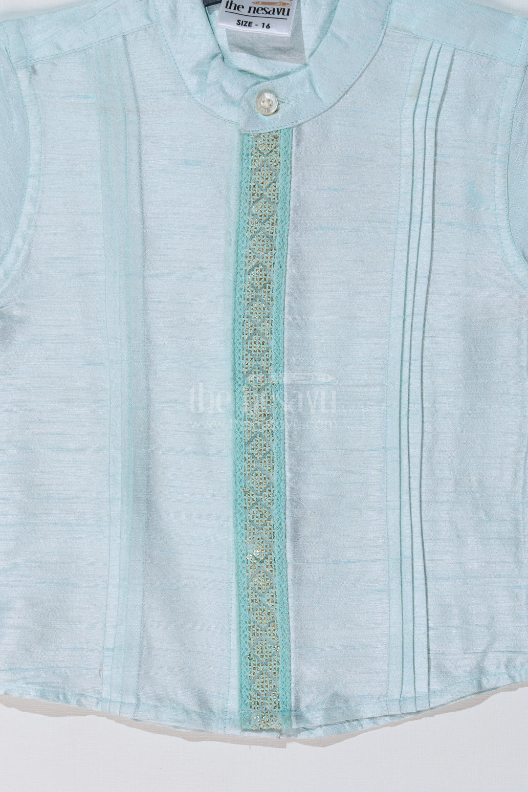 The Nesavu Boys Silk Shirt Boys Light Blue Silk Shirt with Embroidered Borders and Mandarin Collar for Traditional Wear Nesavu Nesavu Boys Light Blue Silk Shirt Embroidered Details Mandarin Collar Ethnic Wear