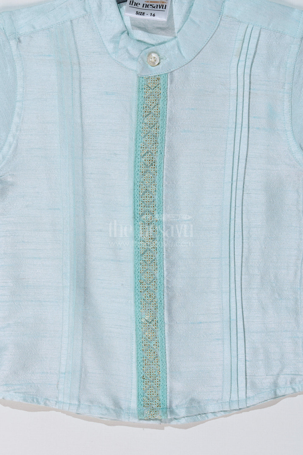 The Nesavu Boys Silk Shirt Boys Light Blue Silk Shirt with Embroidered Borders and Mandarin Collar for Traditional Wear Nesavu Nesavu Boys Light Blue Silk Shirt Embroidered Details Mandarin Collar Ethnic Wear
