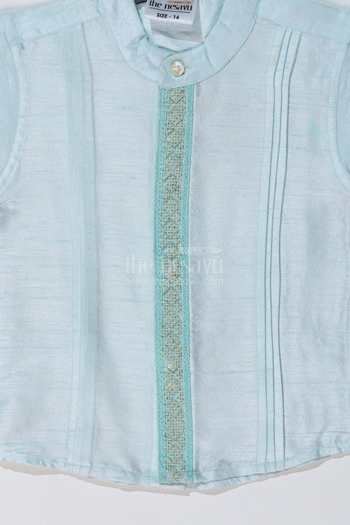 The Nesavu Boys Silk Shirt Boys Light Blue Silk Shirt with Embroidered Borders and Mandarin Collar for Traditional Wear Nesavu Nesavu Boys Light Blue Silk Shirt Embroidered Details Mandarin Collar Ethnic Wear