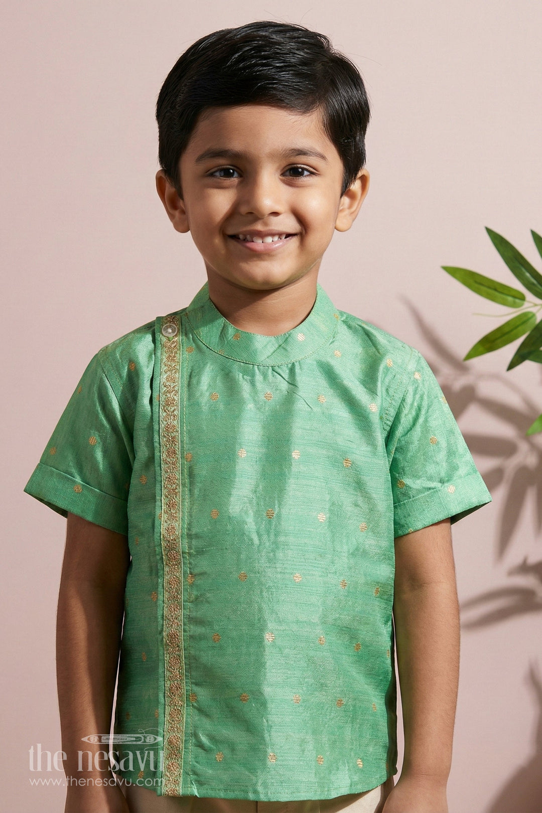 The Nesavu Boys Silk Shirt Boys Light Green Banaras Silk Shirt with Subtle Golden Buttas and Traditional Zari Trim Nesavu 16 (1Y) / Green BS252D-16 Light Green Boys Banaras Silk Shirt Golden Buttas Ethnic Zari Panel Detailing | The Nesavu