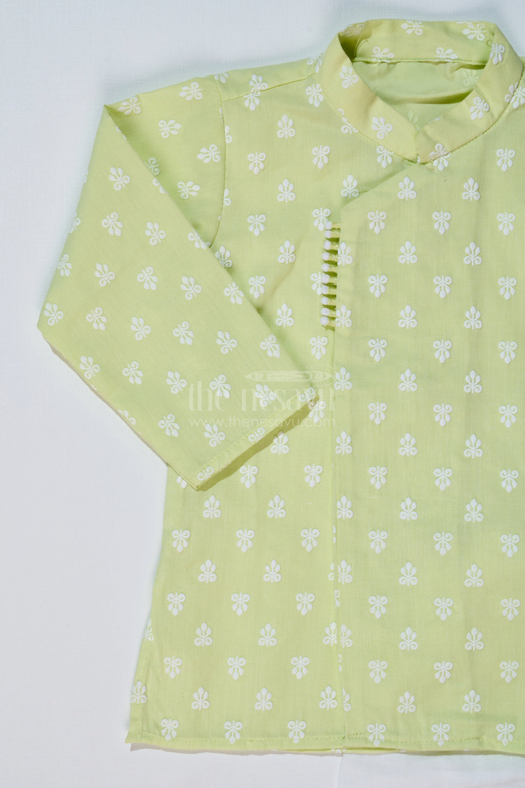 The Nesavu Boys Dothi Set Boys Light Green Shirt with Dhoti in Chikankari Cotton for Festive and Traditional Wear Nesavu Nesavu Boys Light Green Embroidered Kurta White Dhoti Traditional Festivities