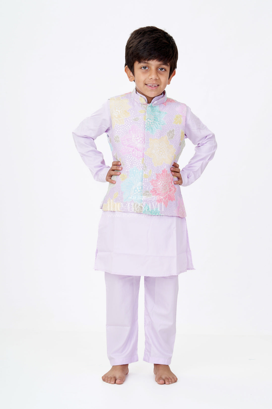 The Nesavu Boys Kurtha Set Boys Light Purple Kurta Set with Sequin Floral Jacket in Pastel Tones on Silk Blend Fabric Nesavu 14 (6M) / Purple BES682B-14 Nesavu Boys Light Purple Kurta Set Pastel Sequin Floral Jacket Silk Blend
