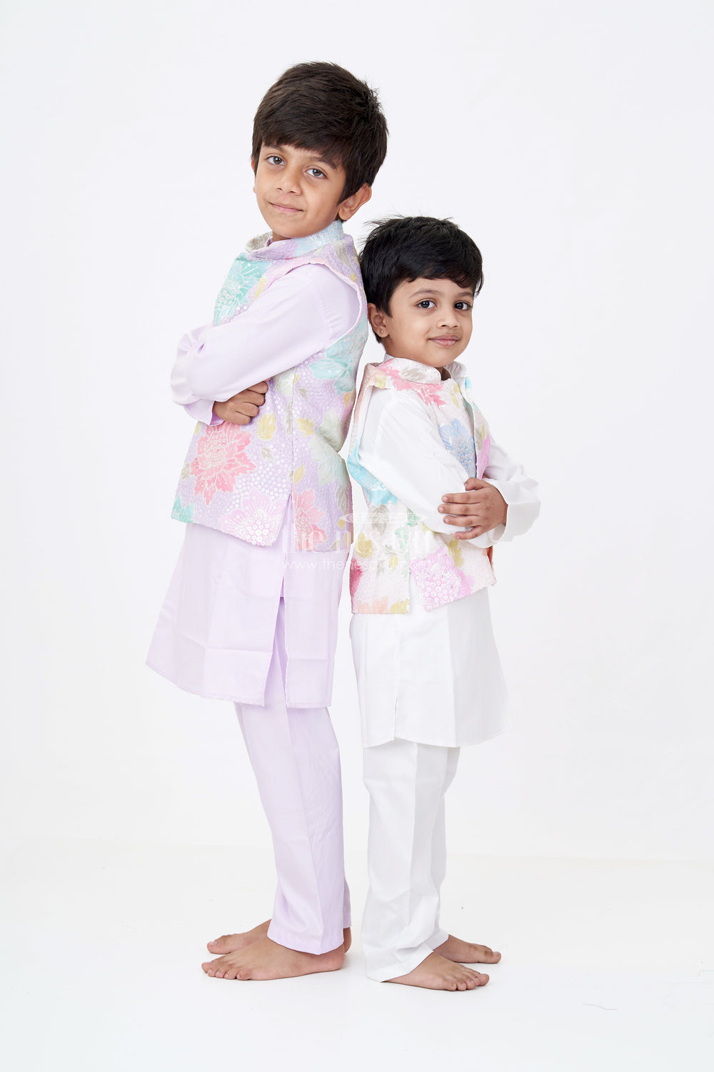 The Nesavu Boys Kurtha Set Boys Light Purple Kurta Set with Sequin Floral Jacket in Pastel Tones on Silk Blend Fabric Nesavu Nesavu Boys Light Purple Kurta Set Pastel Sequin Floral Jacket Silk Blend