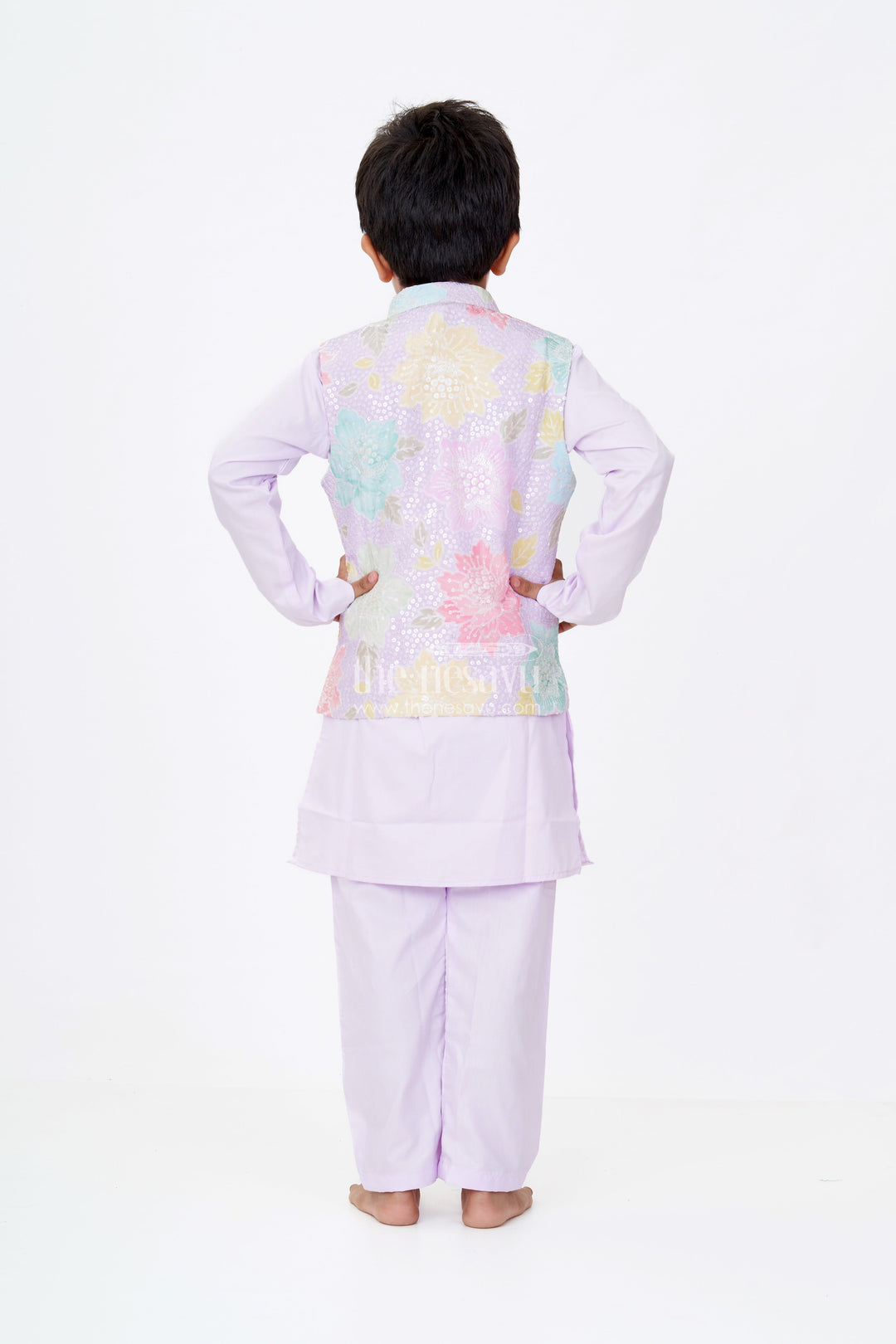 The Nesavu Boys Kurtha Set Boys Light Purple Kurta Set with Sequin Floral Jacket in Pastel Tones on Silk Blend Fabric Nesavu Nesavu Boys Light Purple Kurta Set Pastel Sequin Floral Jacket Silk Blend