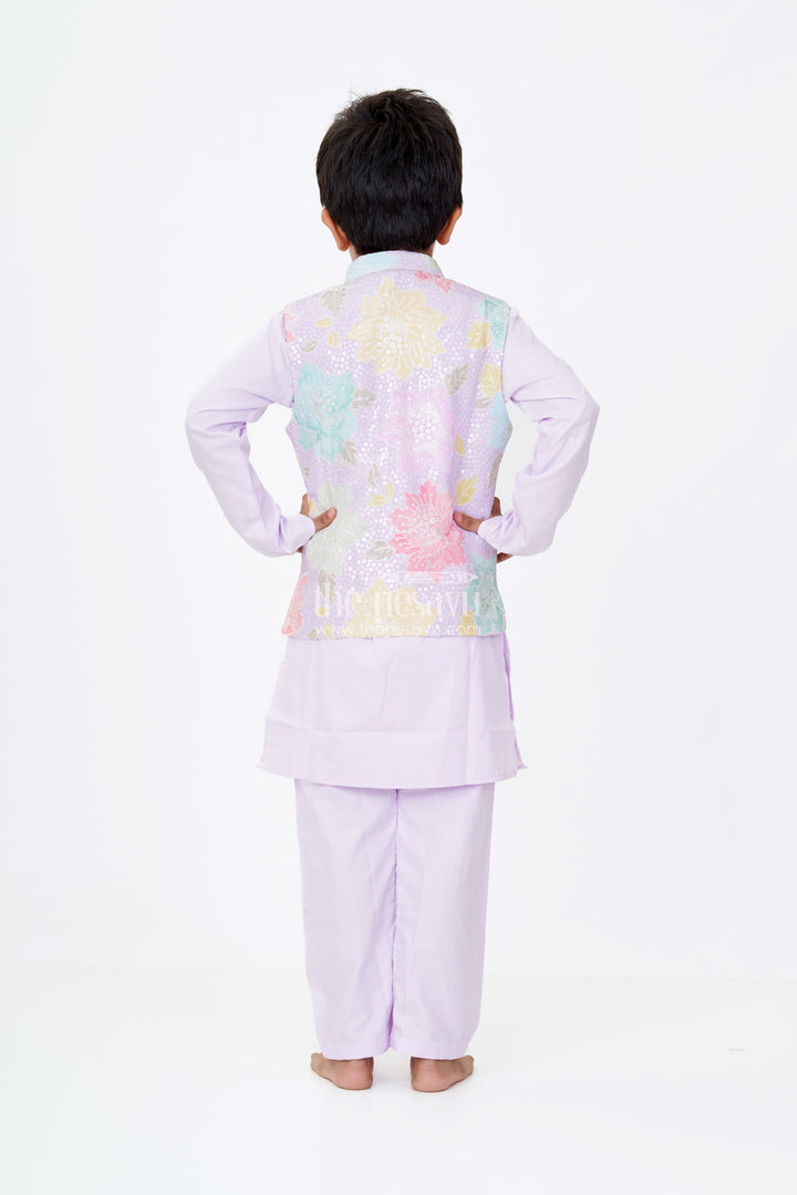 The Nesavu Boys Kurtha Set Boys Light Purple Kurta Set with Sequin Floral Jacket in Pastel Tones on Silk Blend Fabric Nesavu Nesavu Boys Light Purple Kurta Set Pastel Sequin Floral Jacket Silk Blend