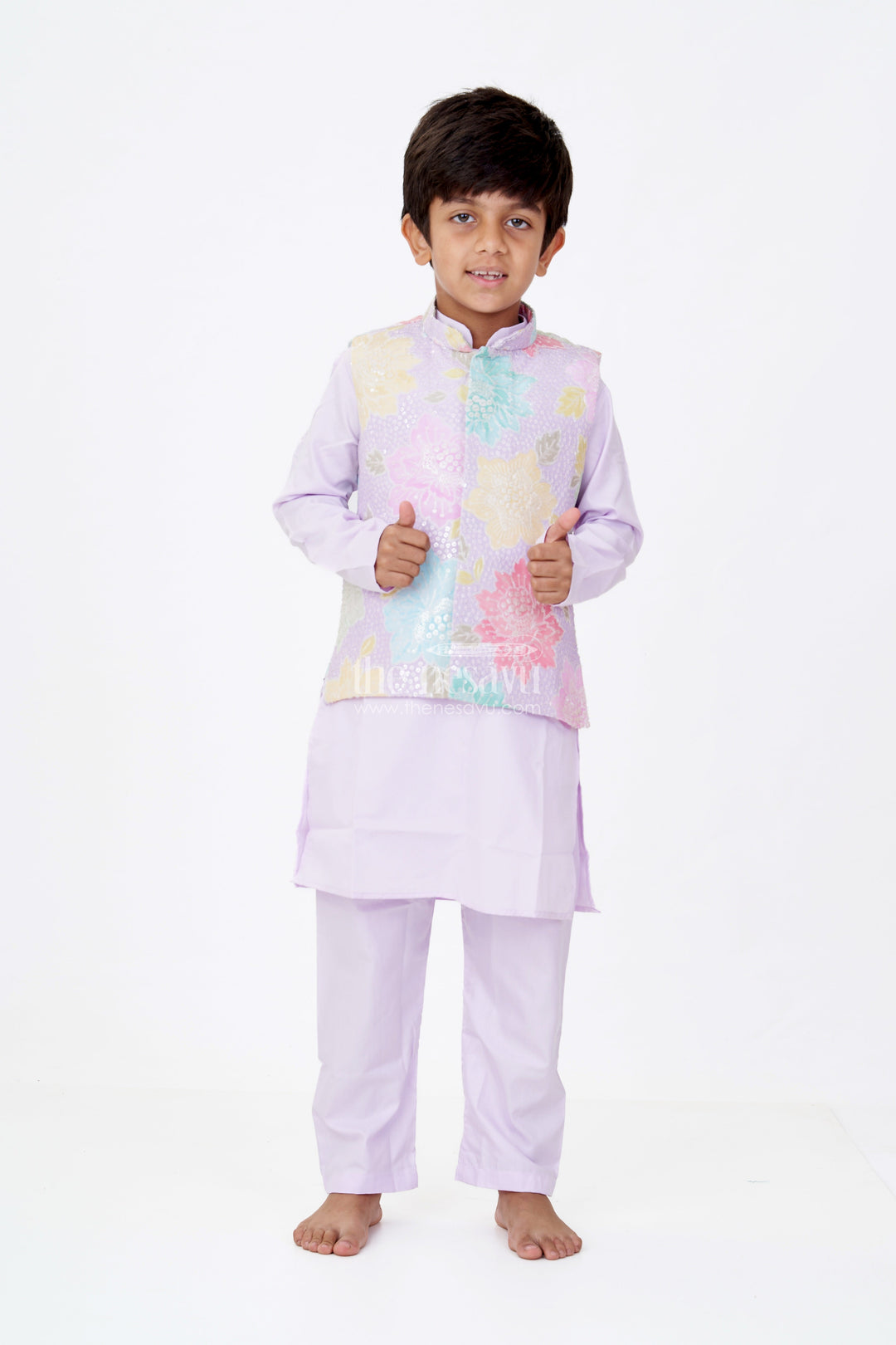 The Nesavu Boys Kurtha Set Boys Light Purple Kurta Set with Sequin Floral Jacket in Pastel Tones on Silk Blend Fabric Nesavu Nesavu Boys Light Purple Kurta Set Pastel Sequin Floral Jacket Silk Blend