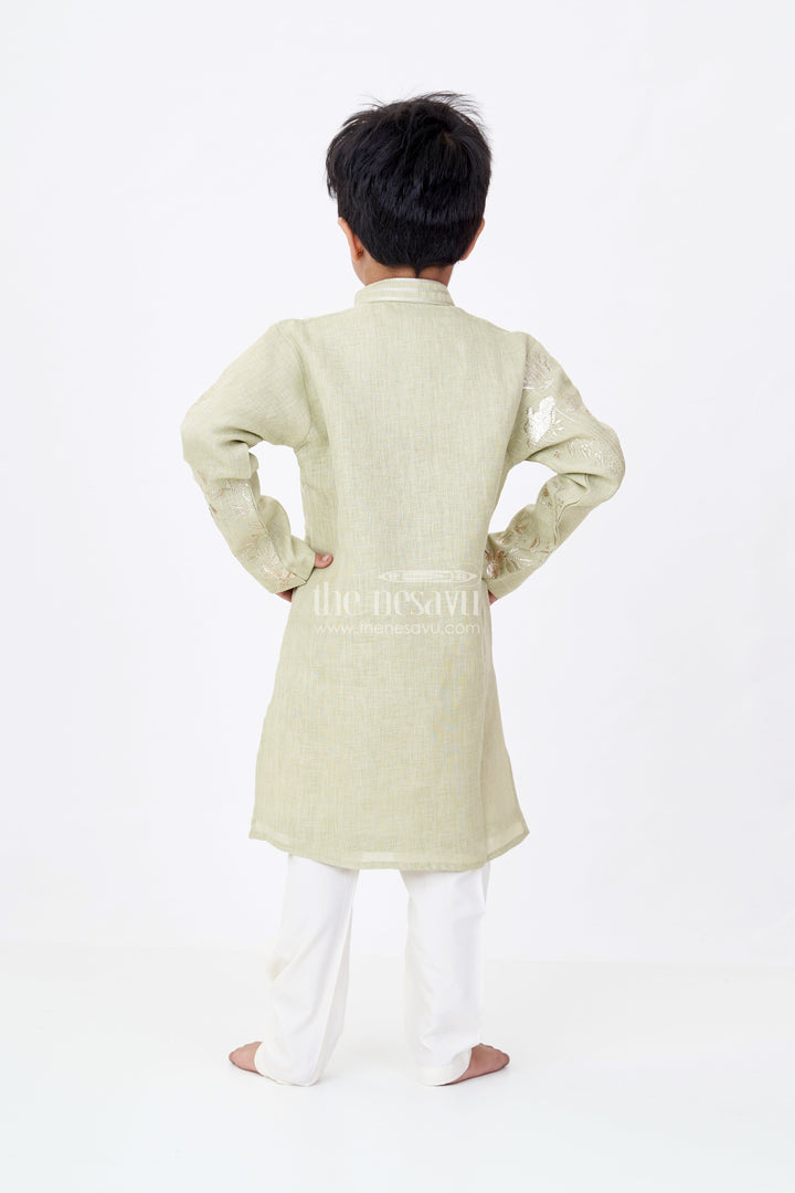 The Nesavu Boys Kurtha Set Boys Linen Blend Green Kurtha Set with Subtle Golden Embroidery and Cream Pants Nesavu Nesavu Boys Green Kurtha Set Linen Blend Golden Embroidery Cream Pants