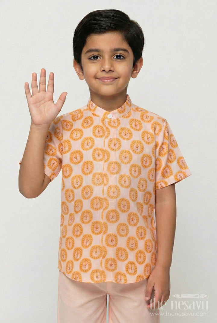 The Nesavu Boys Linen Shirt Boys Lion Face Linen Shirt for Animal Lovers and Everyday Comfort Nesavu 16 (1Y) / Orange BS373A-16 Nesavu boys lion print linen shirt casual dressing animal lovers summer outings