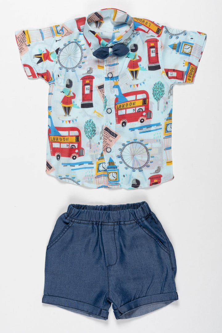 The Nesavu Boys Casual Set Boys London-Themed Summer Shorts and Shirt Set - Festive & Casual Nesavu 10 (NB) / Blue / Muslin Silk BCS010A-10 Buy Boys London Print Shirt & Shorts Set | Perfect for Vishu & Summer Fun | The Nesavu