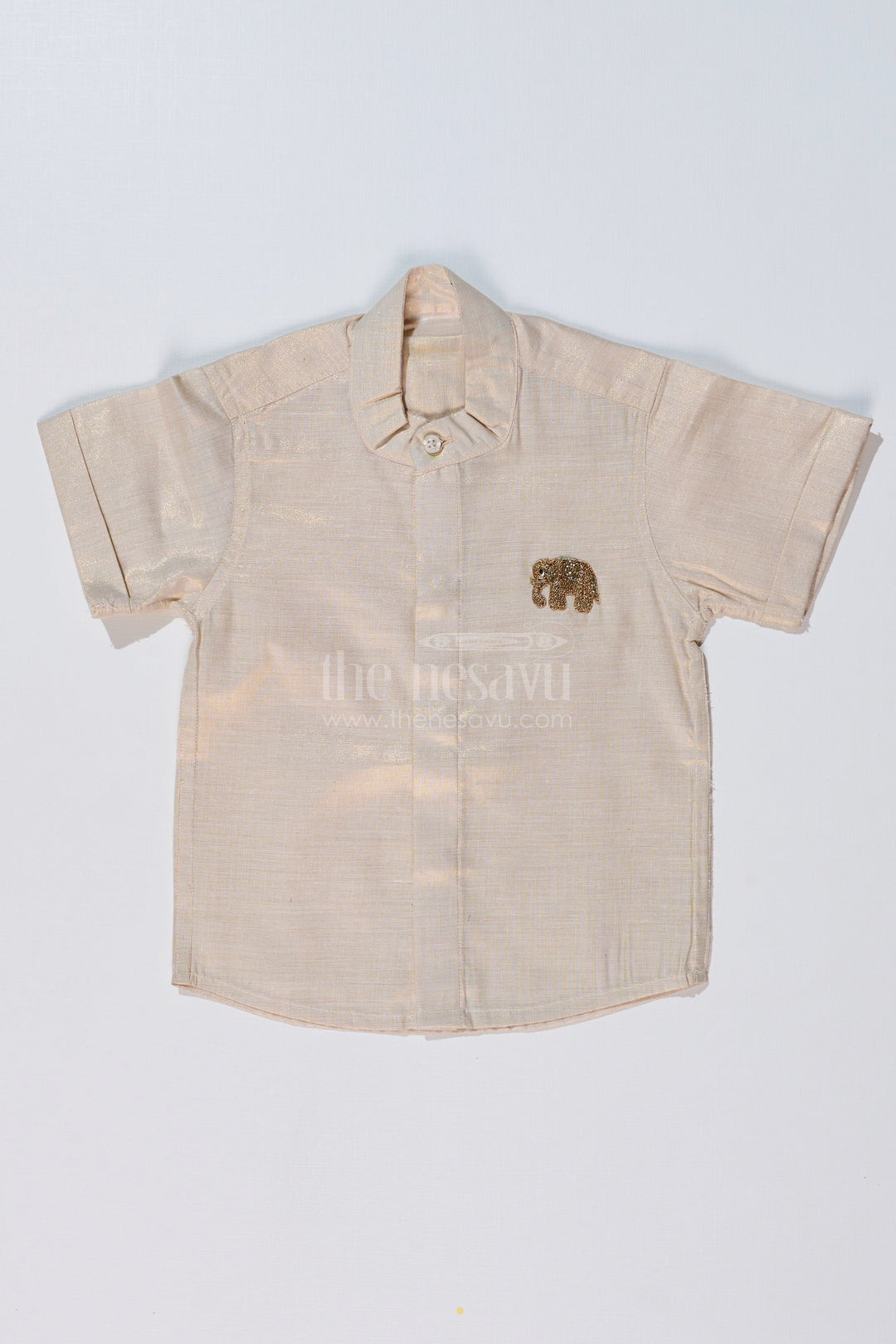 The Nesavu Boys Silk Shirt Boys Long Silk Shirt in Gold Cotton Tissue with Embellished Elephant Design for Festive Wear Nesavu 16 (1Y) / Gold BS222C-16 Nesavu Boys Long Silk Shirt Gold Cotton Tissue Embellished Elephant Motif Festive Wear