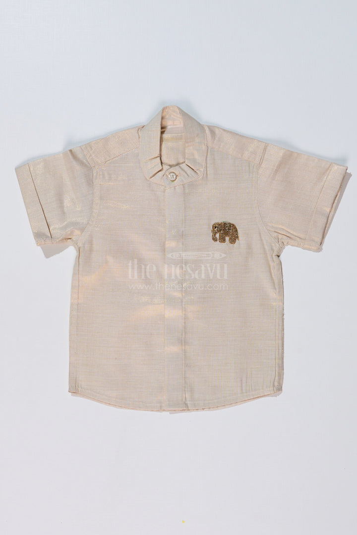 The Nesavu Boys Silk Shirt Boys Long Silk Shirt in Gold Cotton Tissue with Embellished Elephant Design for Festive Wear Nesavu 16 (1Y) / Gold BS222C-16 Nesavu Boys Long Silk Shirt Gold Cotton Tissue Embellished Elephant Motif Festive Wear