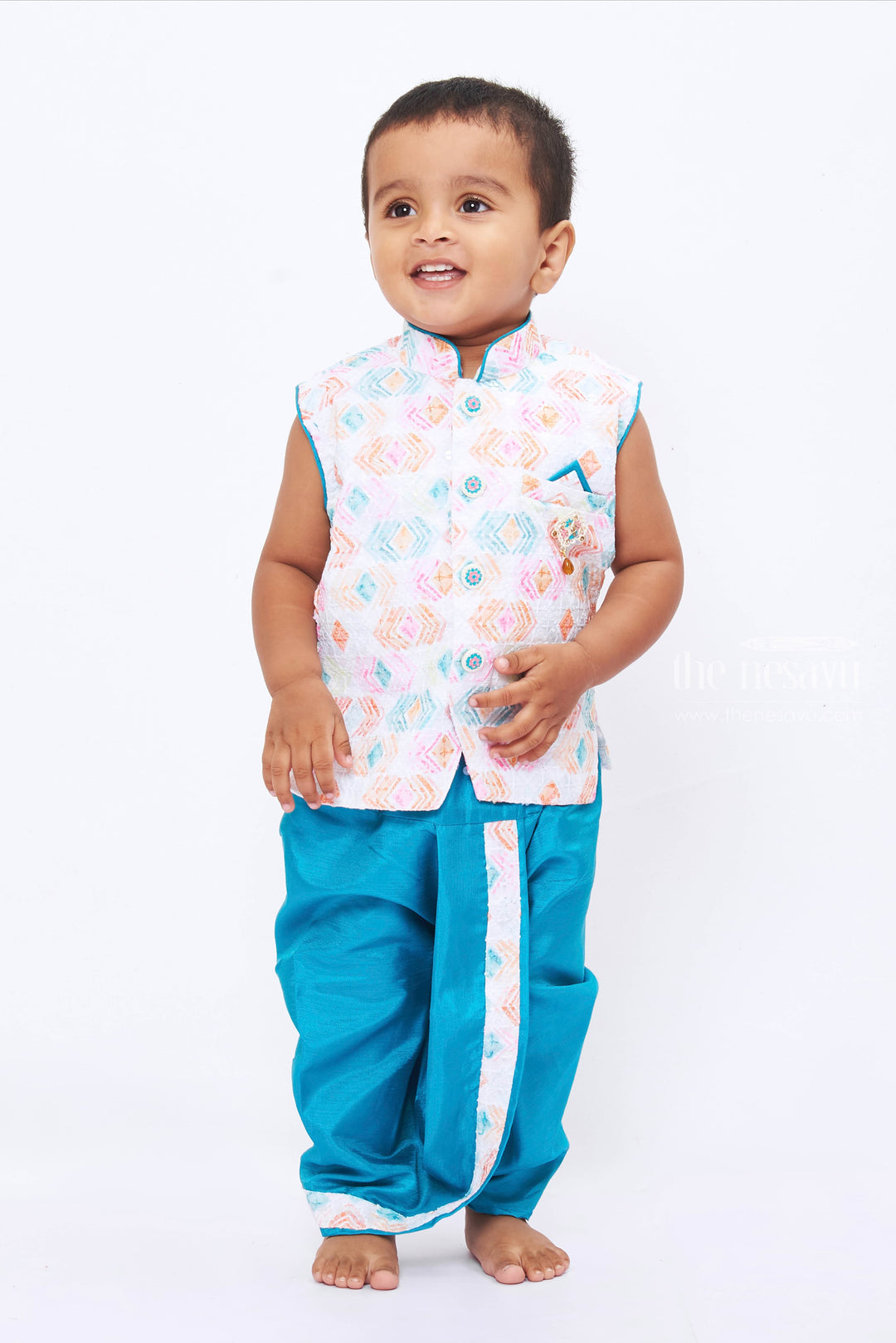 The Nesavu Boys Dothi Set Boys Luxe White Kurta with Teal Dhoti Set - Classic Indian Couture Nesavu 12 (3M) / White / Silk Blend BES490E-12 Traditional Silk Dhoti and White Kurta Set for Boys | Wedding and Festive Wear | The Nesavu