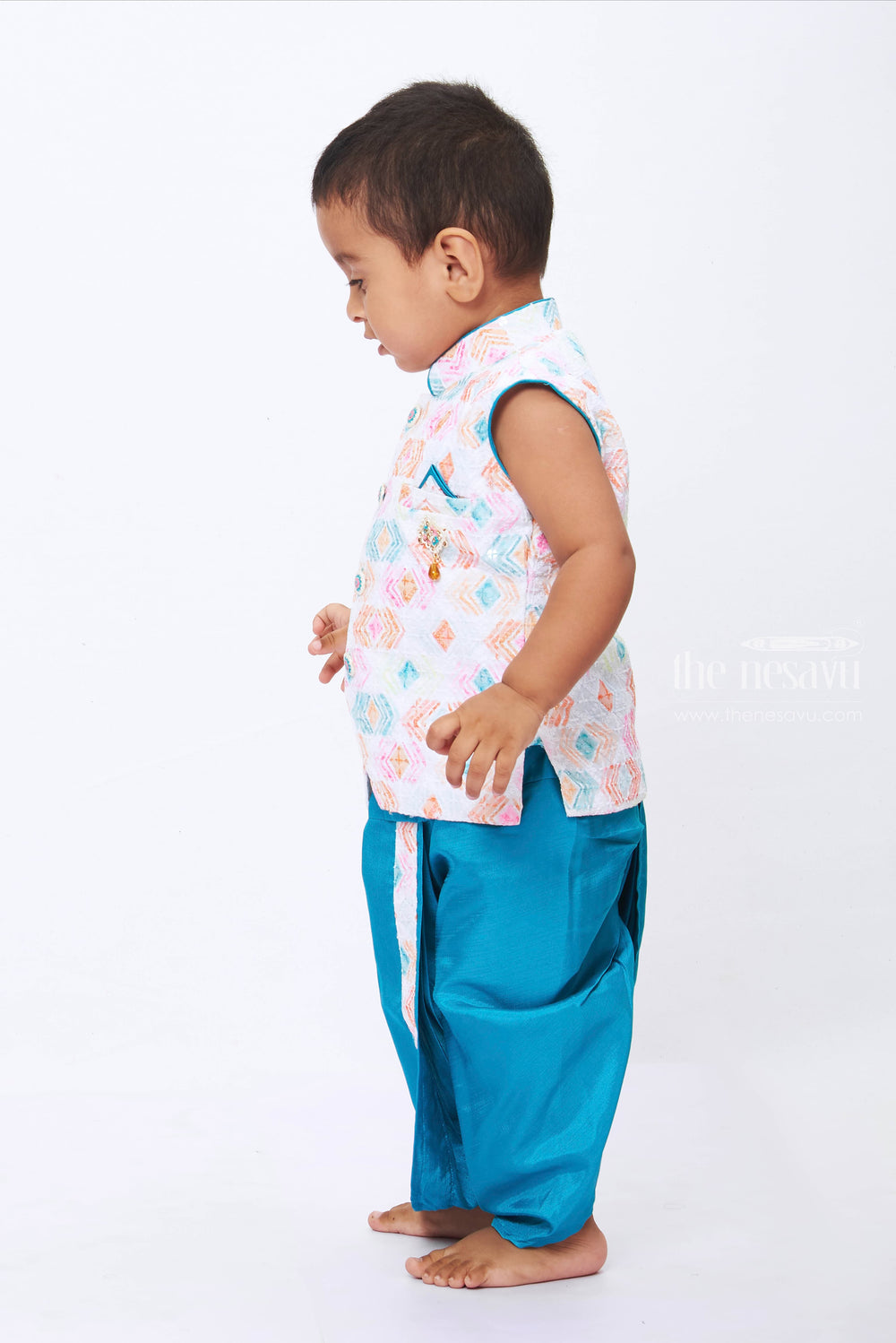 The Nesavu Boys Dothi Set Boys Luxe White Kurta with Teal Dhoti Set - Classic Indian Couture Nesavu Traditional Silk Dhoti and White Kurta Set for Boys | Wedding and Festive Wear | The Nesavu