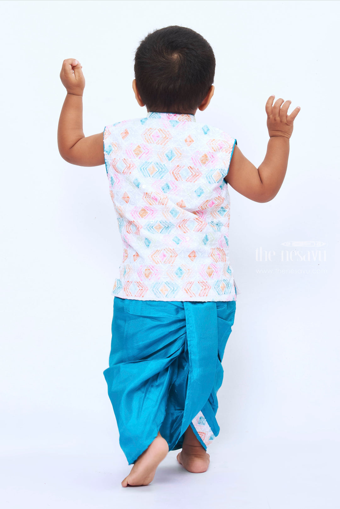 The Nesavu Boys Dothi Set Boys Luxe White Kurta with Teal Dhoti Set - Classic Indian Couture Nesavu Traditional Silk Dhoti and White Kurta Set for Boys | Wedding and Festive Wear | The Nesavu