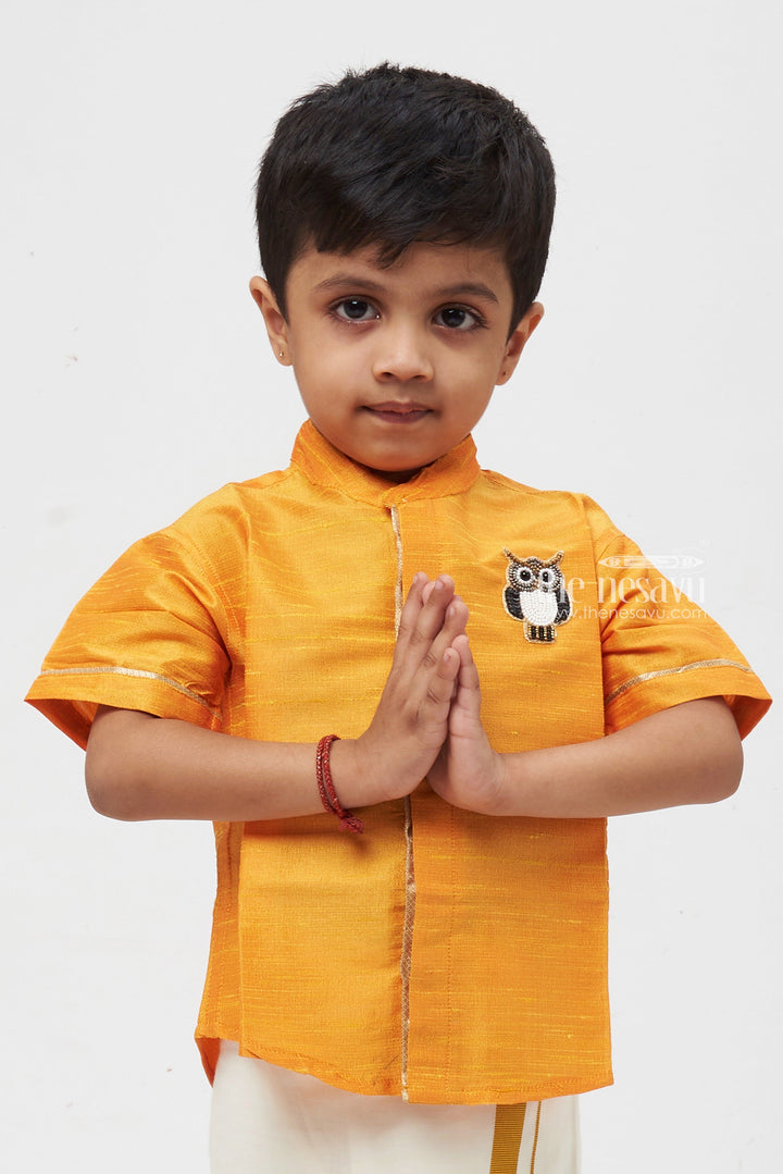 The Nesavu Boys Silk Shirt Boys Luxurious Orange Silk Shirt with Elegant Owl Design Nesavu Elegant Boys Orange Silk Attire | Whimsical Owl Feature | Nesavu Festive Edition