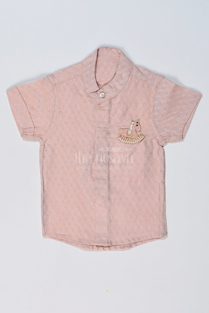 The Nesavu Boys Silk Shirt Boys Luxury Silk Shirts with Embroidered Rocking Horse Motif and Mandarin Collar Nesavu 16 (1Y) / Gold BS223AC-16 Nesavu Boys Luxury Silk Shirts Rocking Horse Embroidery Mandarin Collar