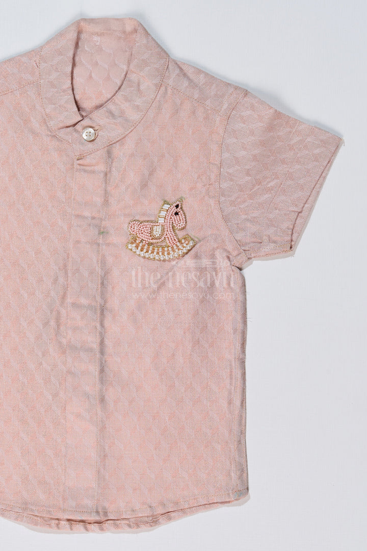 The Nesavu Boys Silk Shirt Boys Luxury Silk Shirts with Embroidered Rocking Horse Motif and Mandarin Collar Nesavu Nesavu Boys Luxury Silk Shirts Rocking Horse Embroidery Mandarin Collar