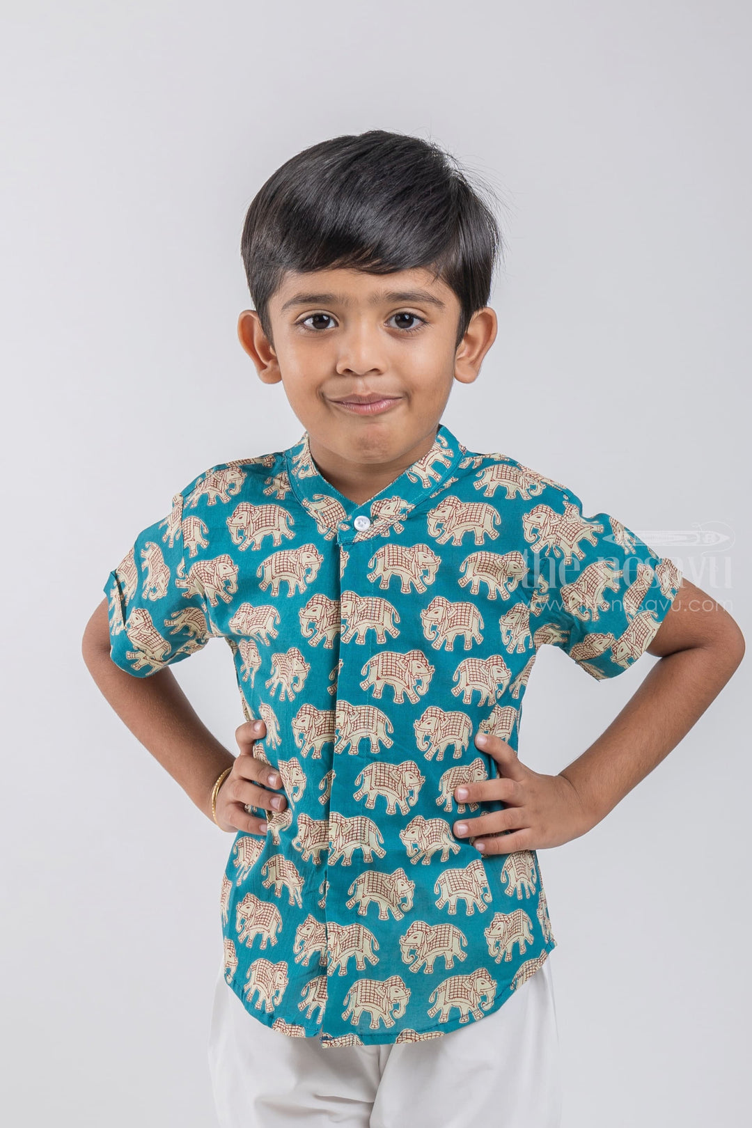 The Nesavu Boys Cotton Shirt Boys Madhubani Elephant Printed Blue Cotton Shirt by The Nesavu psr silks Nesavu 14 (6M) / Blue / Cotton BS044A