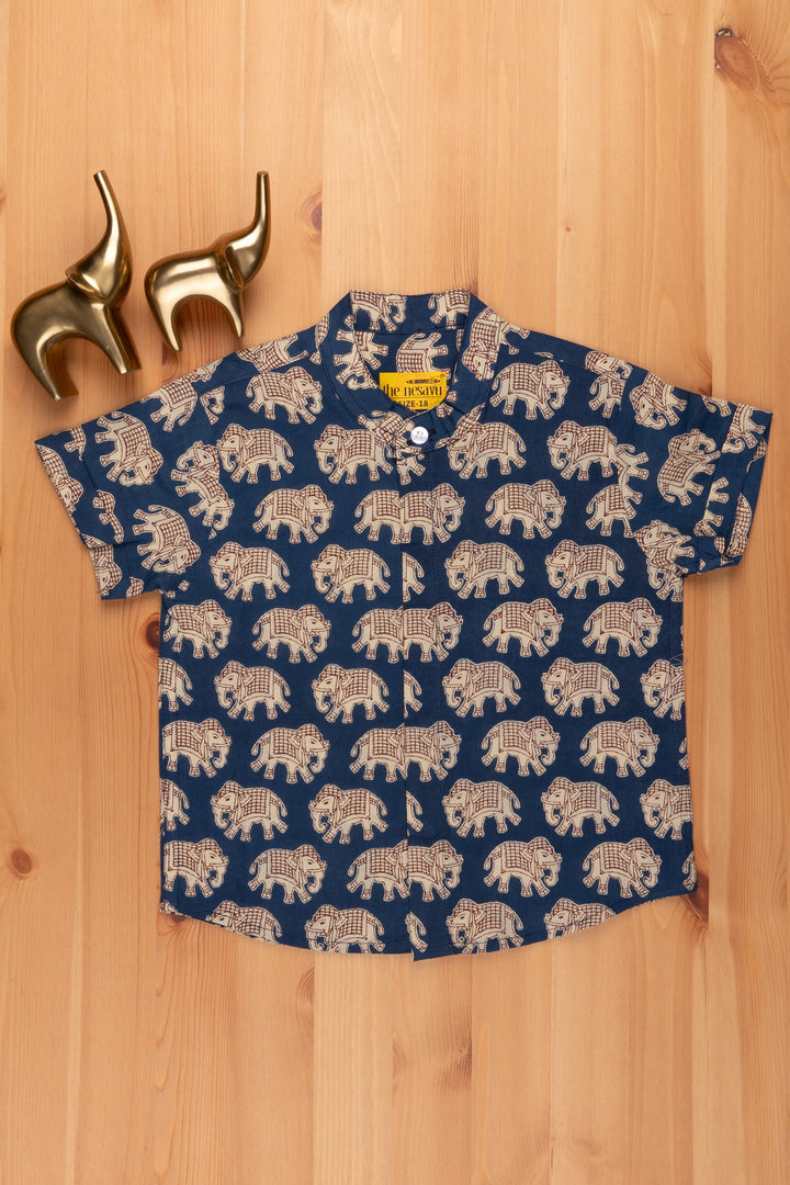 The Nesavu Boys Cotton Shirt Boys Madhubani Elephant Printed Blue Cotton Shirt by The Nesavu psr silks Nesavu