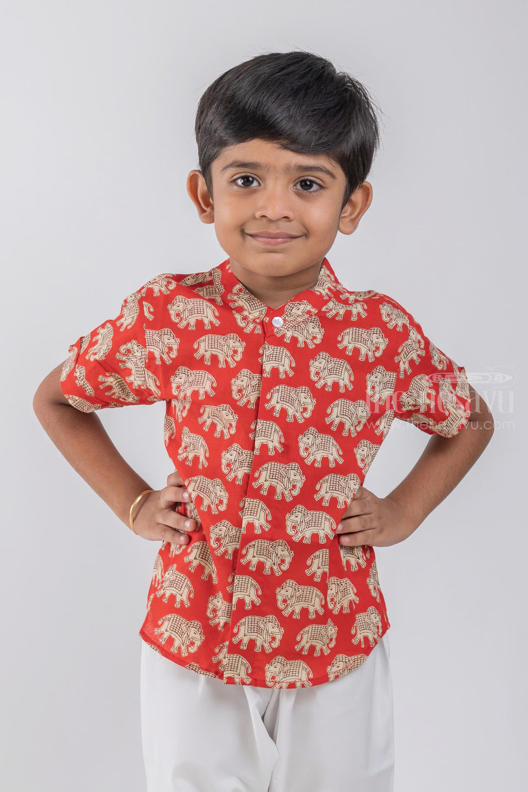 The Nesavu Boys Cotton Shirt Boys Madhubani Elephant Printed Red Cotton Shirt by The Nesavu psr silks Nesavu 14 (6M) / Red / Cotton BS044D