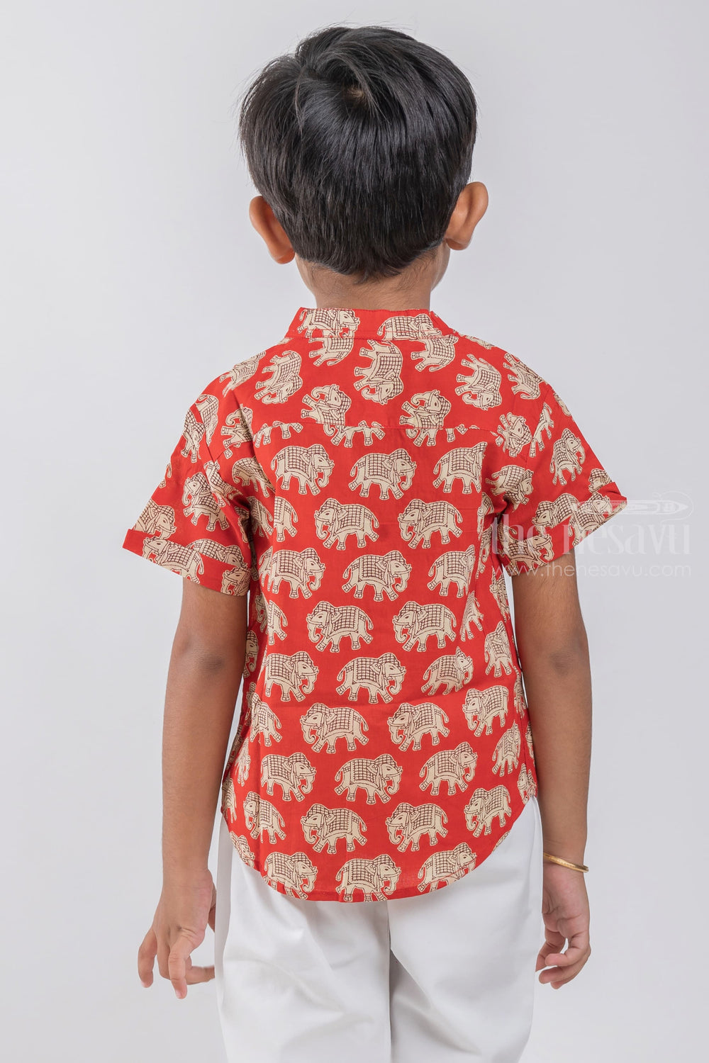 The Nesavu Boys Cotton Shirt Boys Madhubani Elephant Printed Red Cotton Shirt by The Nesavu psr silks Nesavu