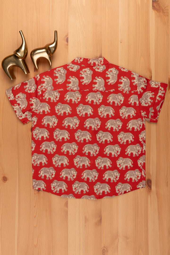 The Nesavu Boys Cotton Shirt Boys Madhubani Elephant Printed Red Cotton Shirt by The Nesavu psr silks Nesavu